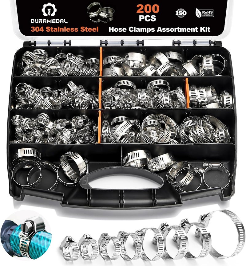 Duramedal Hose Clamp- 200 PCS Stainless Steel Hose Clamps Assortment Kit 1/4''–1-2'' stainless steel hose clamps for Fuel Line, Plumbing, Automotive, Mechanical Applications, Tube, Garden - Image 1